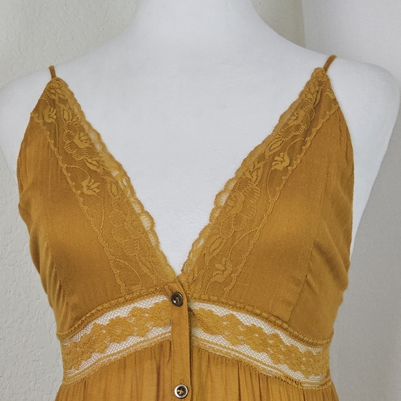 Forever 21 Mix Media Mustard Maxi Dress Sz S Lace Cottagecore Milkmaid Boho - Picture 2 of 14